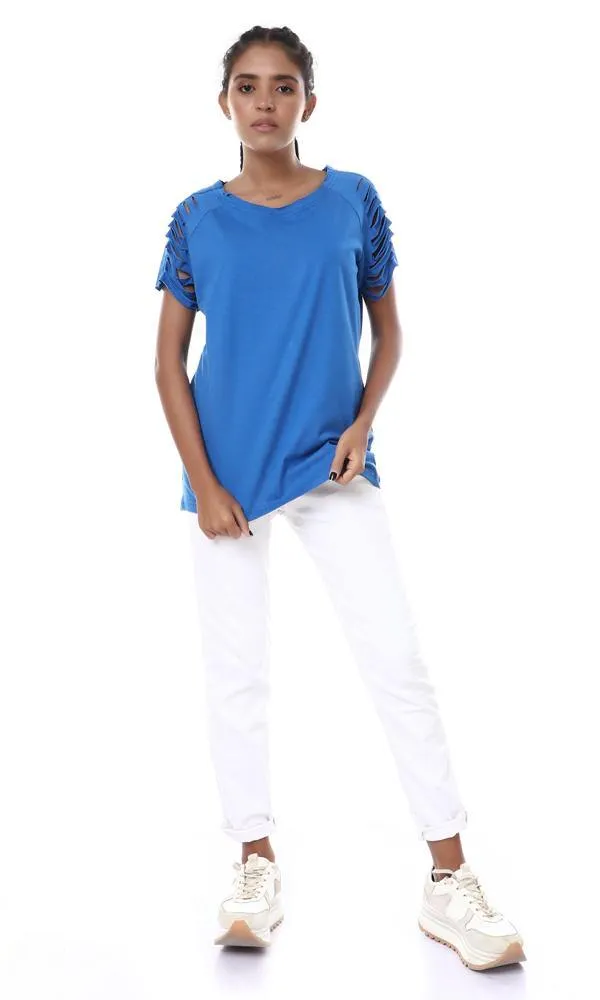 57184 Perforated Cuts Short Sleeves Blue T-Shirt