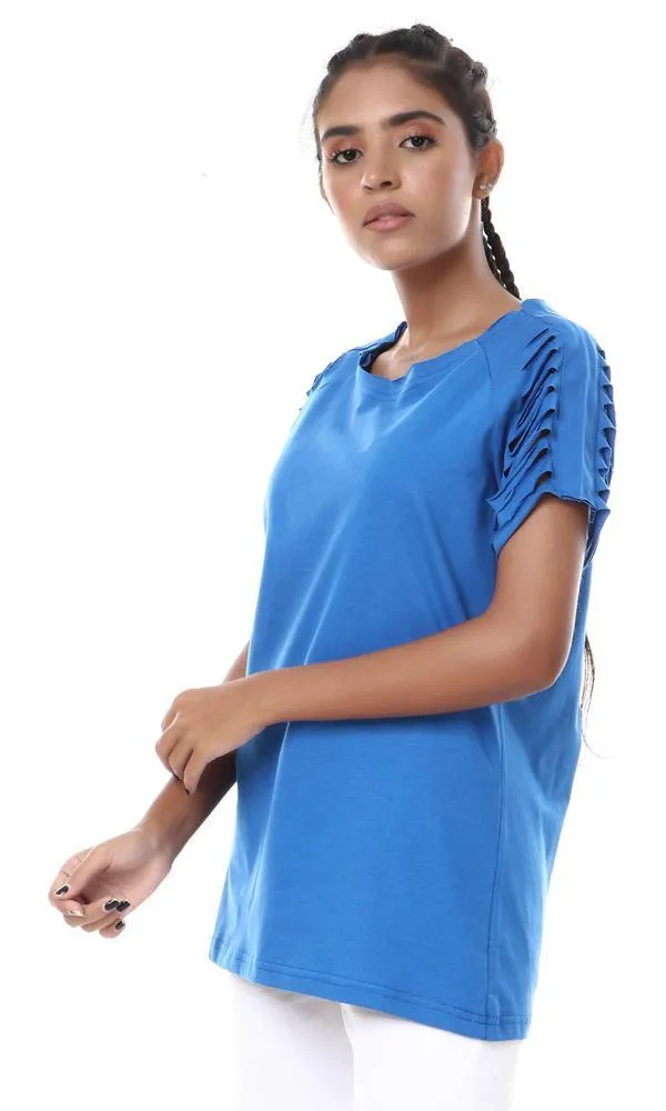 57184 Perforated Cuts Short Sleeves Blue T-Shirt