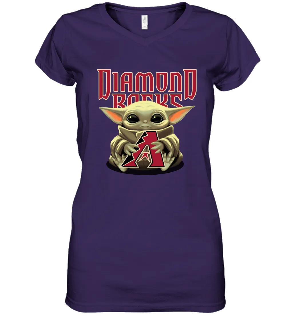 Baby Yoda Hugs Loves The Arizona Diamondbacks Baseball Womens V-Neck T-Shirt