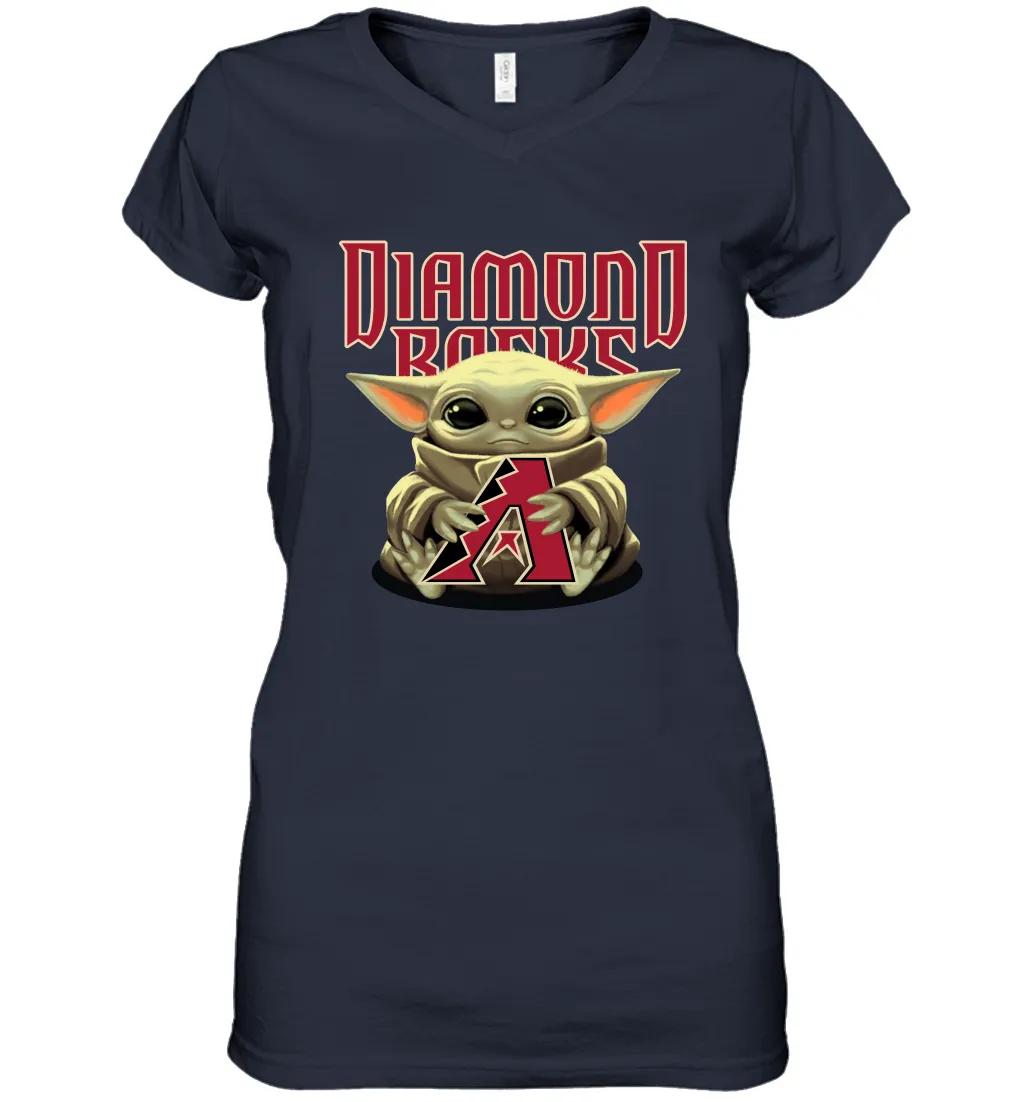 Baby Yoda Hugs Loves The Arizona Diamondbacks Baseball Womens V-Neck T-Shirt