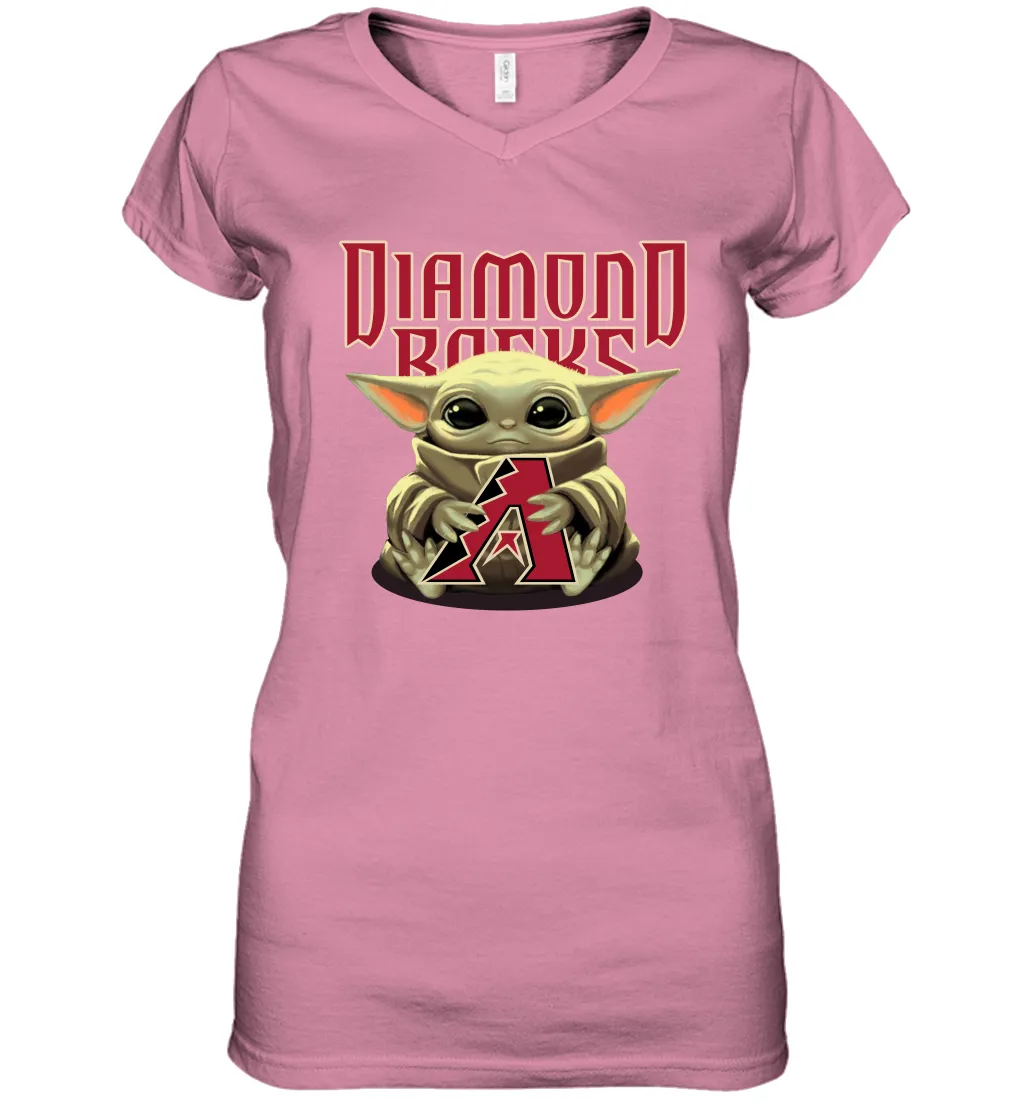 Baby Yoda Hugs Loves The Arizona Diamondbacks Baseball Womens V-Neck T-Shirt