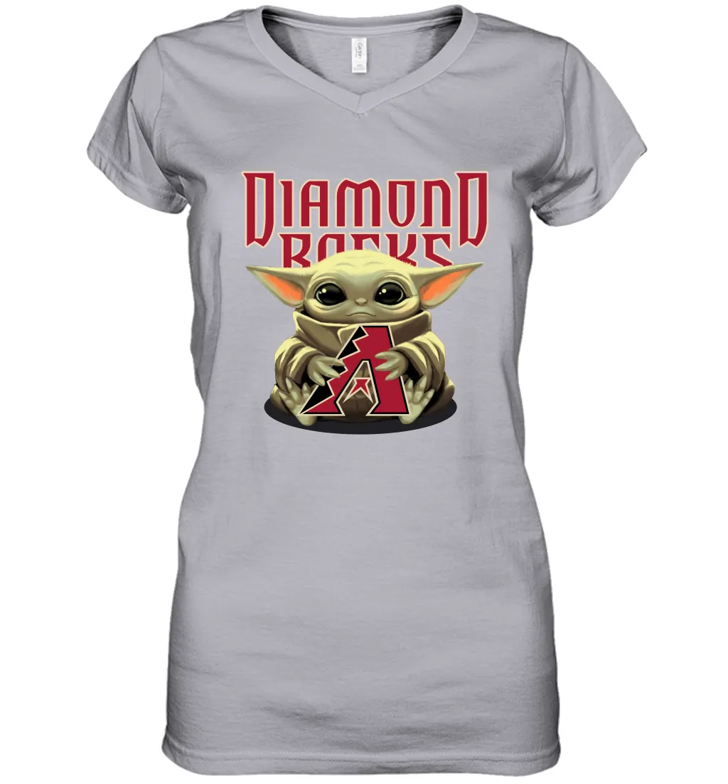Baby Yoda Hugs Loves The Arizona Diamondbacks Baseball Womens V-Neck T-Shirt