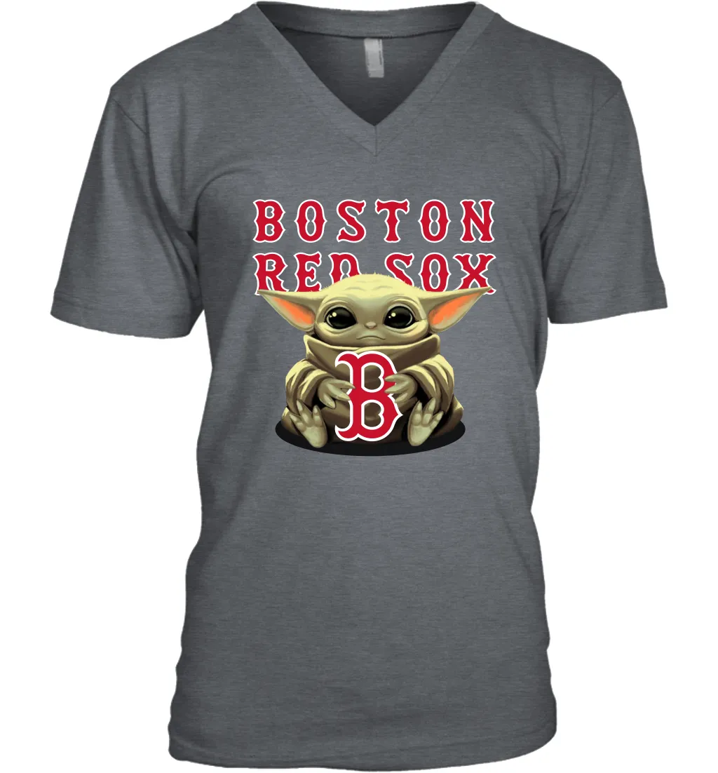 Baby Yoda Hugs Loves The Boston Red Sox Baseball Mens V-Neck T-Shirt