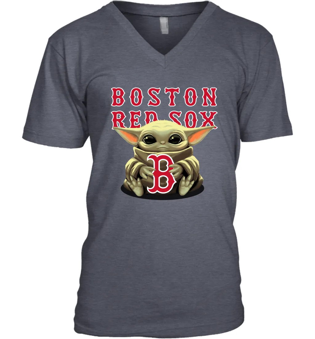 Baby Yoda Hugs Loves The Boston Red Sox Baseball Mens V-Neck T-Shirt