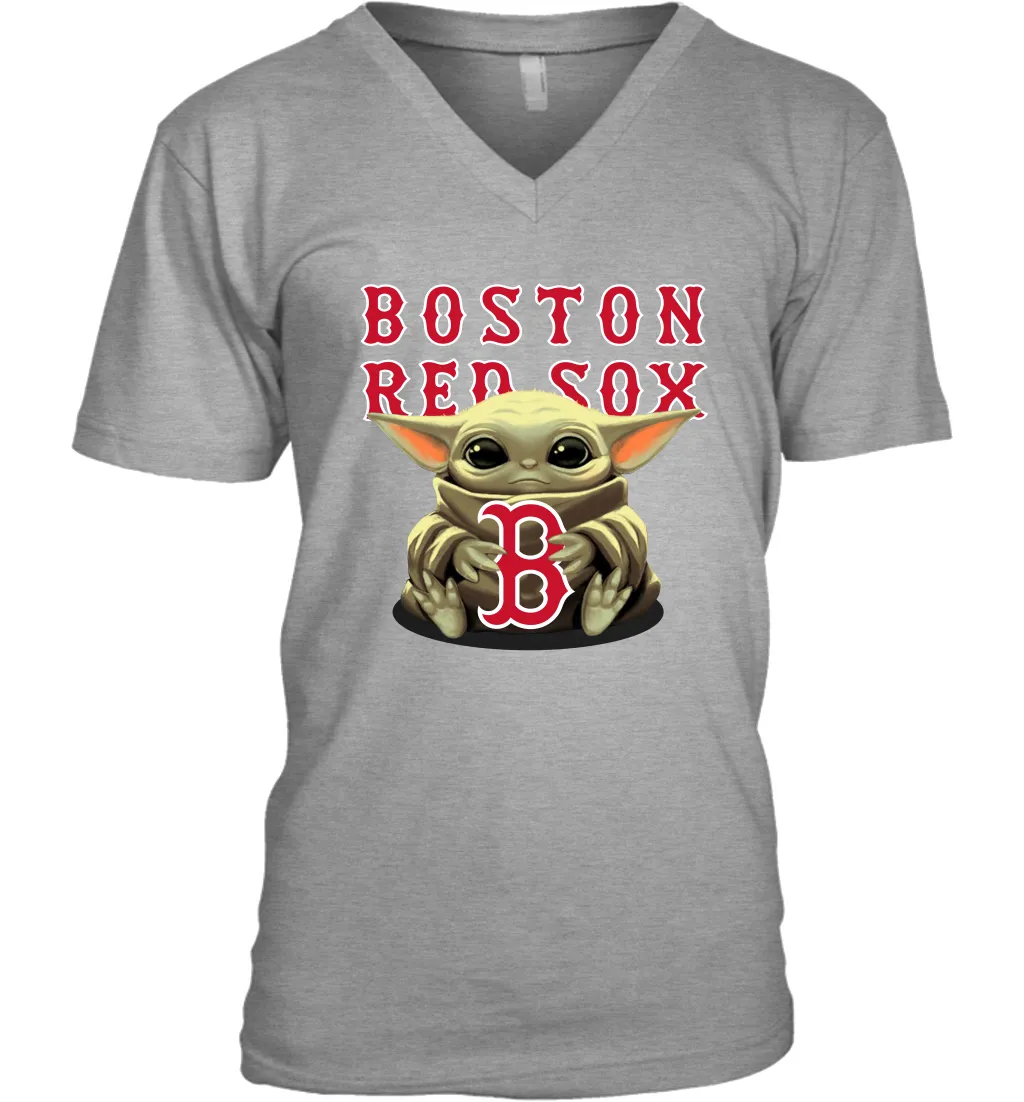 Baby Yoda Hugs Loves The Boston Red Sox Baseball Mens V-Neck T-Shirt