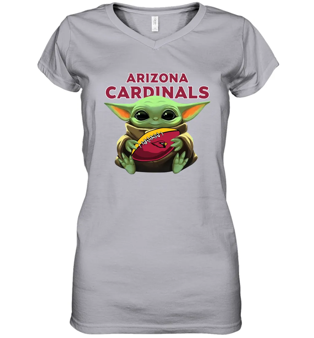 Baby Yoda Loves The Arizona Cardinals Star Wars Baby Yoda Hugs Cardinals NFL Womens V-Neck T-Shirt