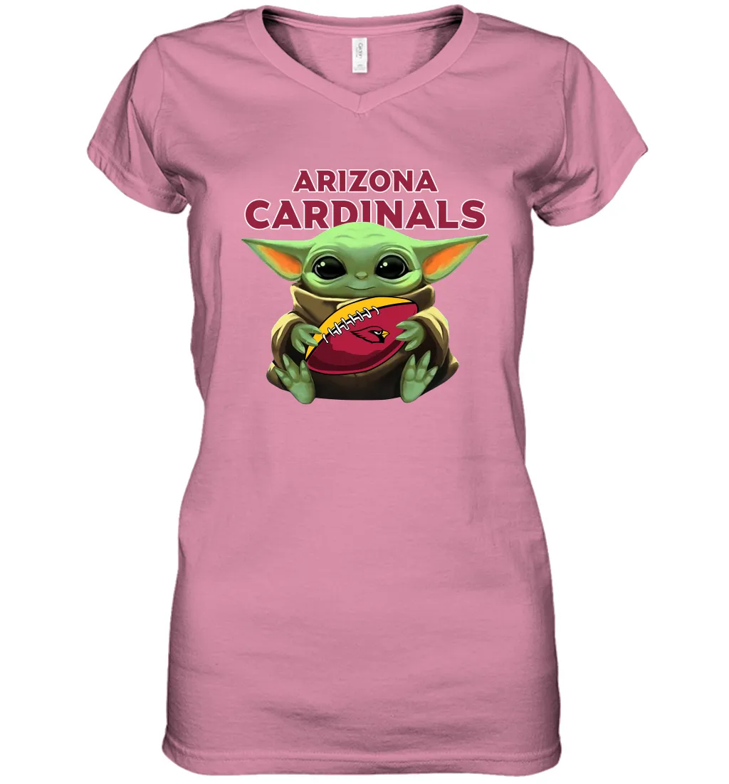 Baby Yoda Loves The Arizona Cardinals Star Wars Baby Yoda Hugs Cardinals NFL Womens V-Neck T-Shirt
