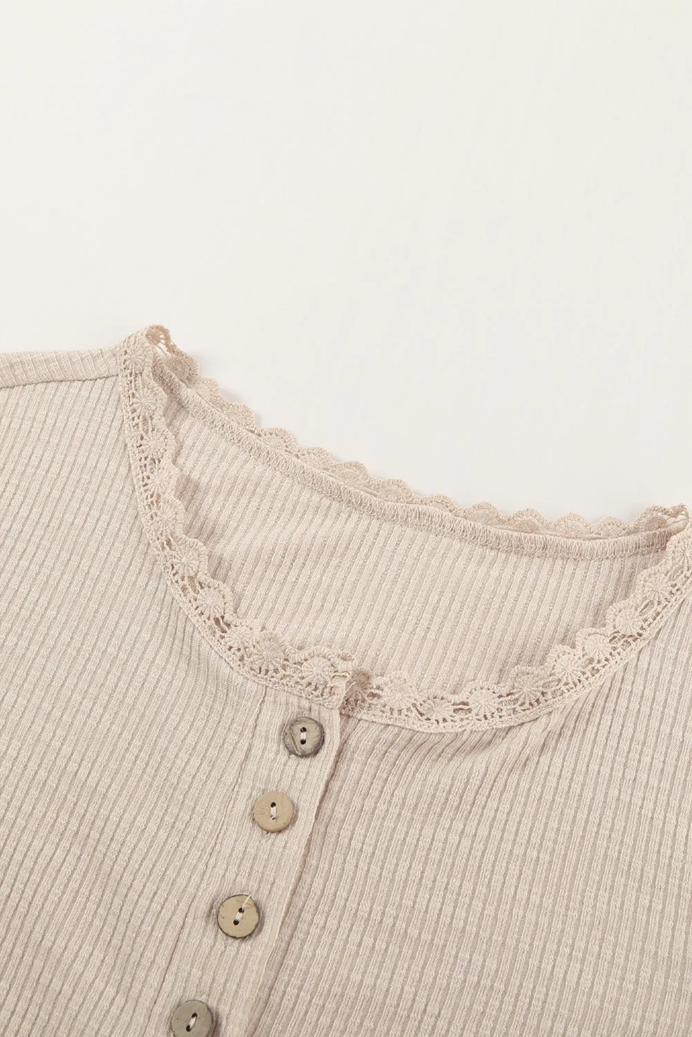 Beige Buttoned Ribbed Knit Short Sleeve Top