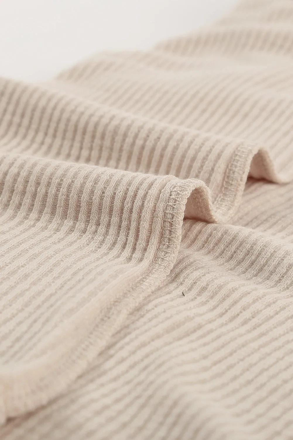 Beige Buttoned Ribbed Knit Short Sleeve Top