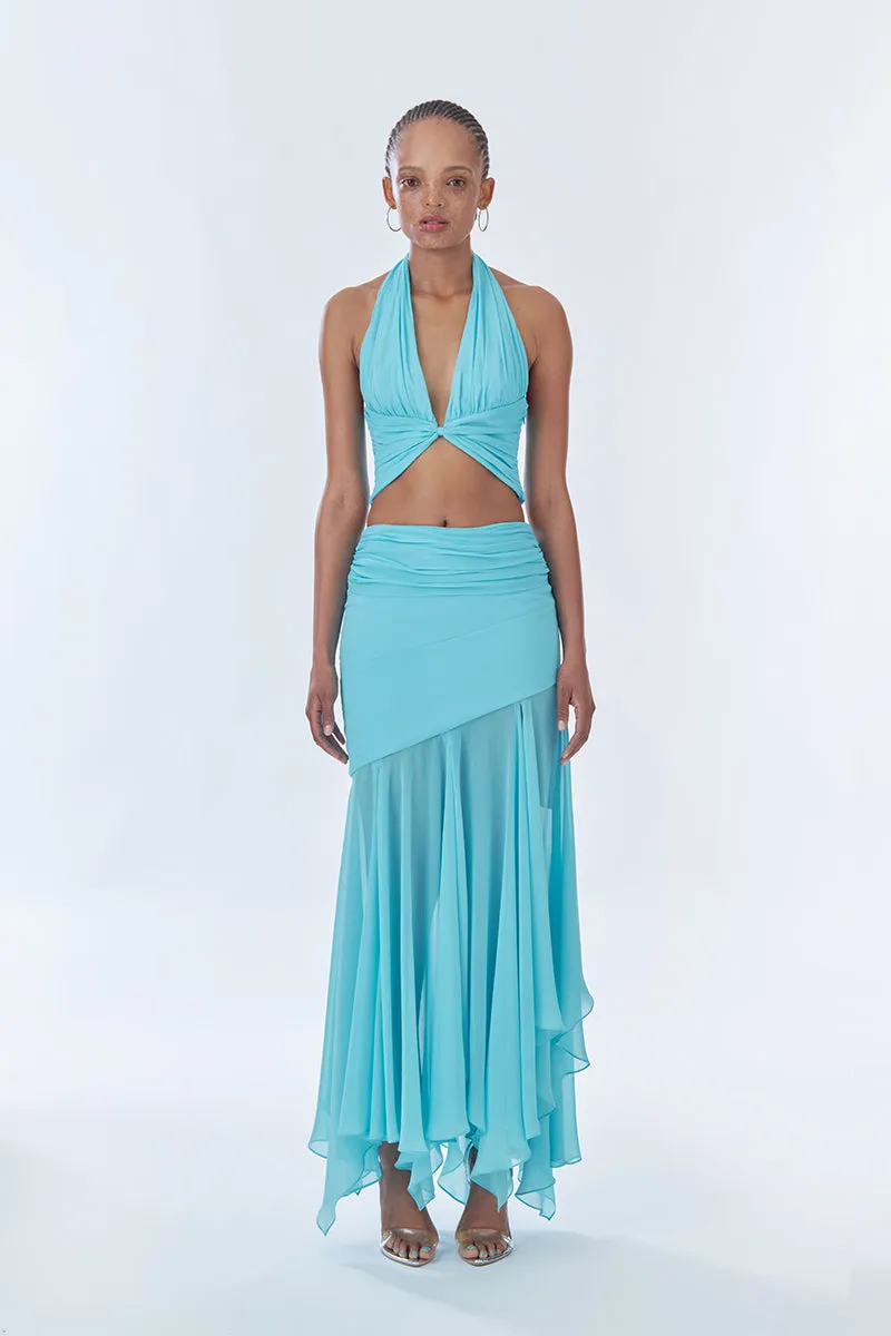 BETTA DRAPED HALTER MINI TOP IN FULLMOON BLUE