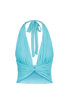 BETTA DRAPED HALTER MINI TOP IN FULLMOON BLUE