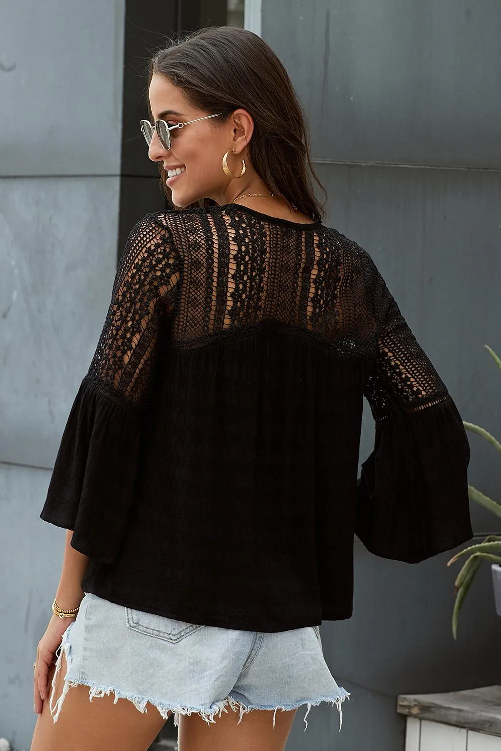 Black 3/4 Sleeves Crochet Tunic Top