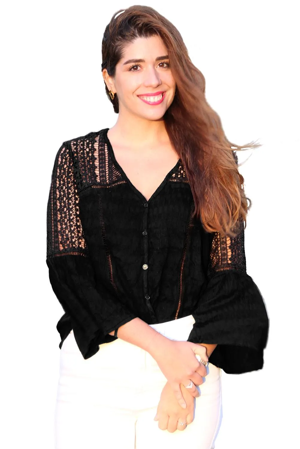 Black 3/4 Sleeves Crochet Tunic Top
