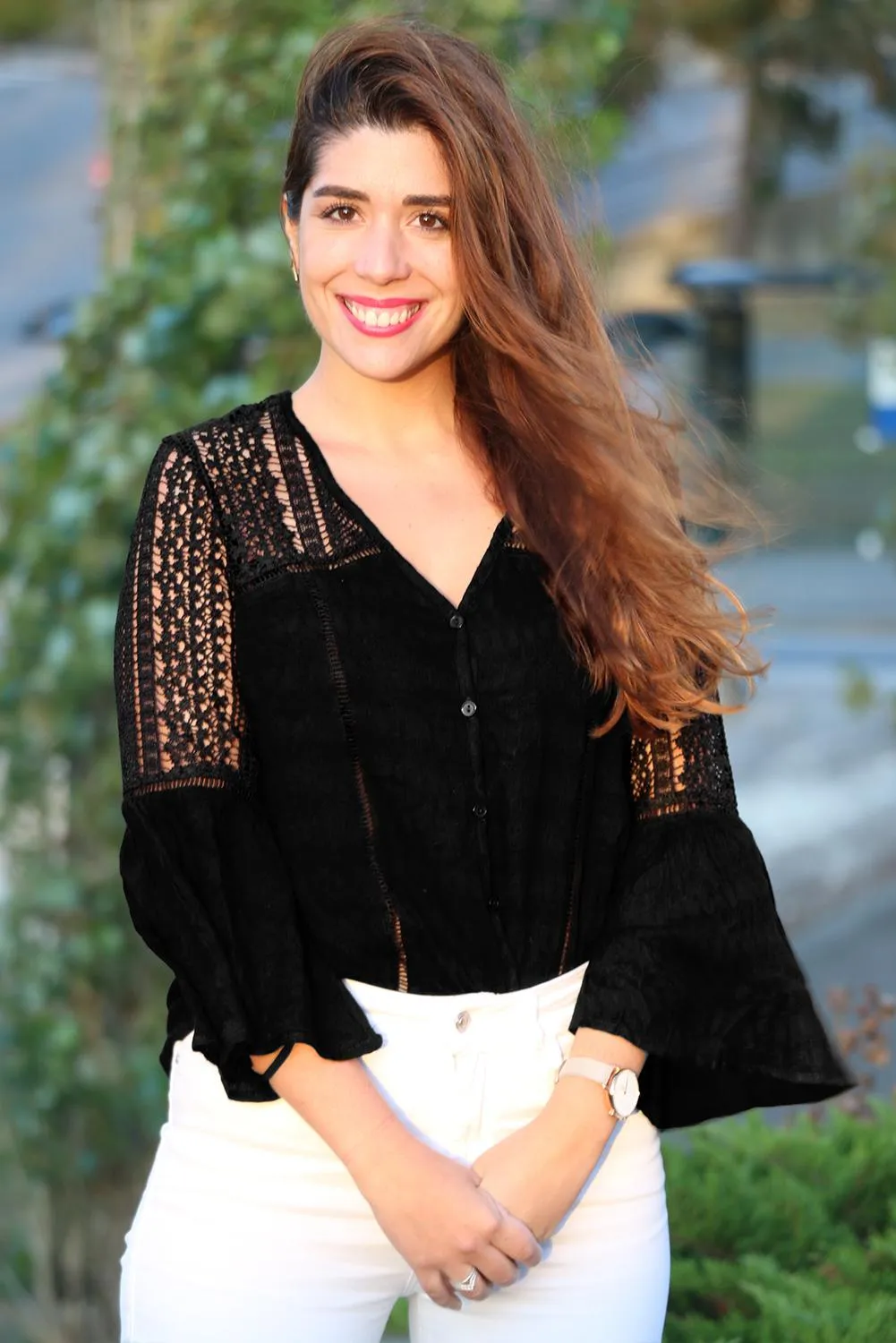 Black 3/4 Sleeves Crochet Tunic Top