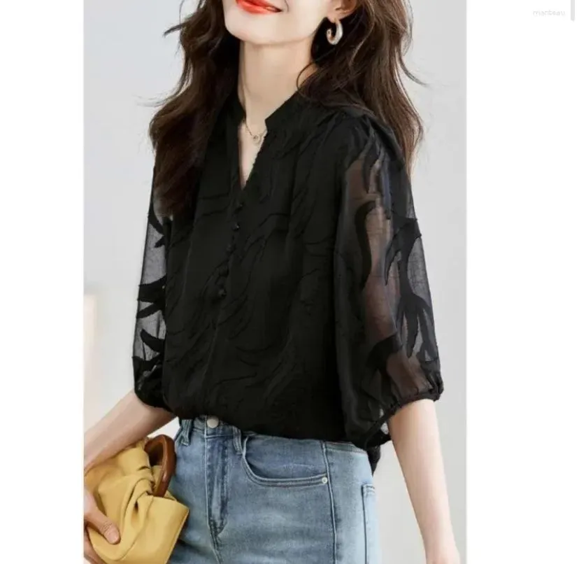 Black Chiffon Blouse for Women - Short Sleeve, Loose Fit, Elegant Summer Top S23845