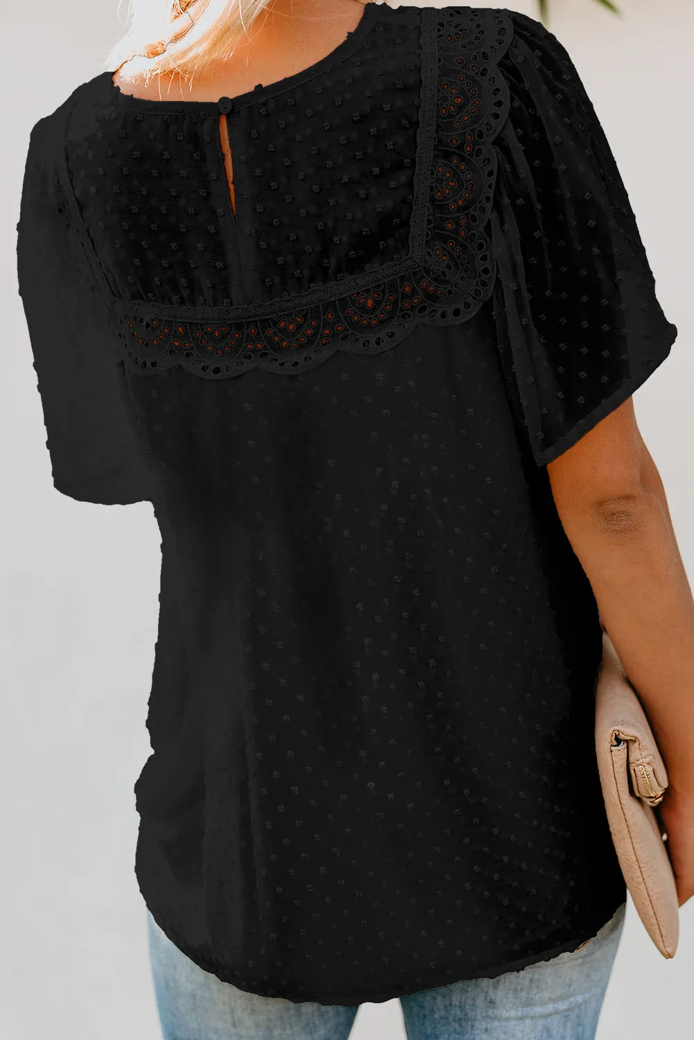 Black Hollow Out Flutter Sleeves Tees Top