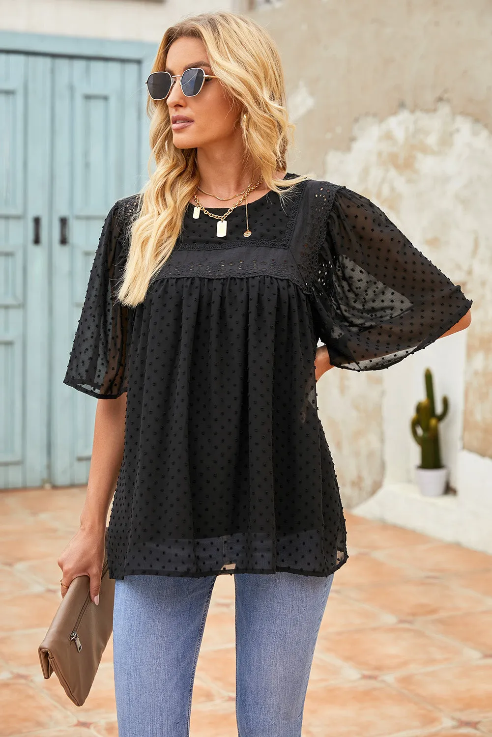 Black Hollow Out Flutter Sleeves Tees Top
