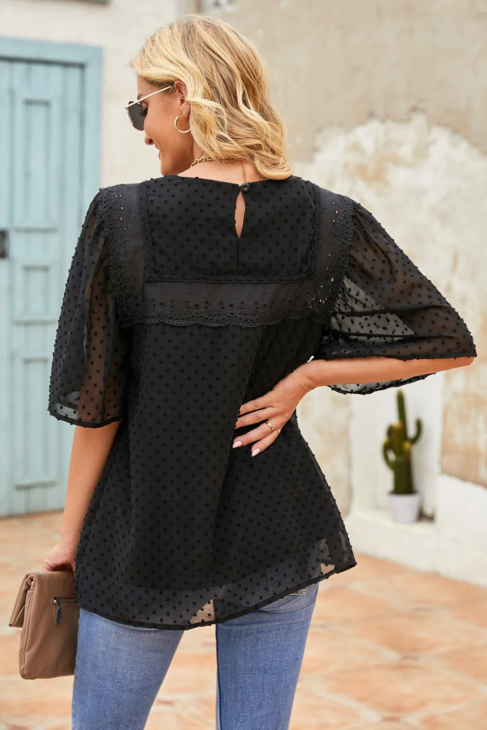 Black Hollow Out Flutter Sleeves Tees Top