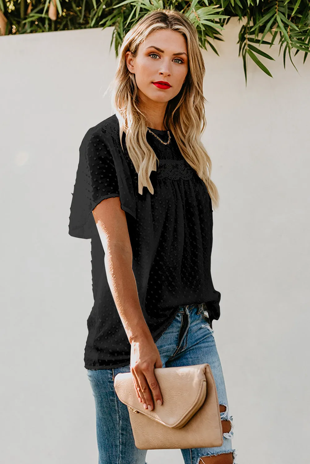 Black Hollow Out Flutter Sleeves Tees Top