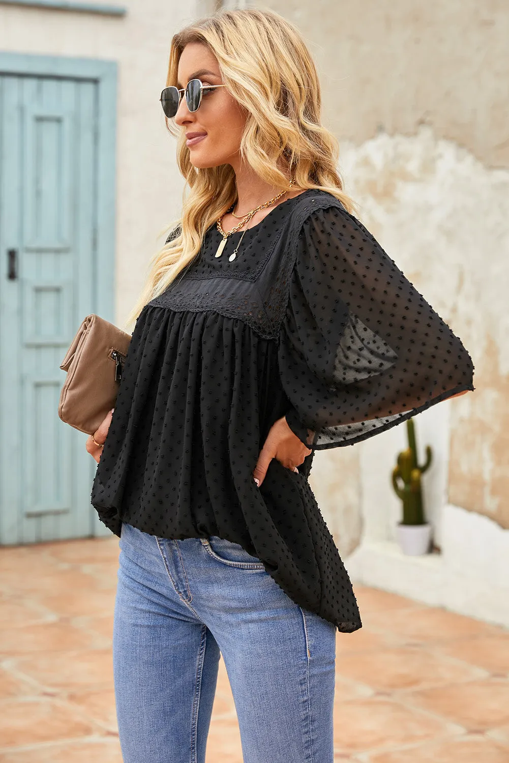 Black Hollow Out Flutter Sleeves Tees Top