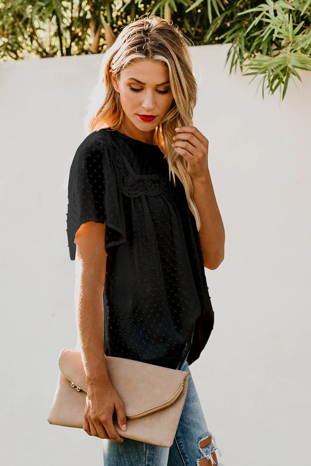 Black Hollow Out Flutter Sleeves Tees Top