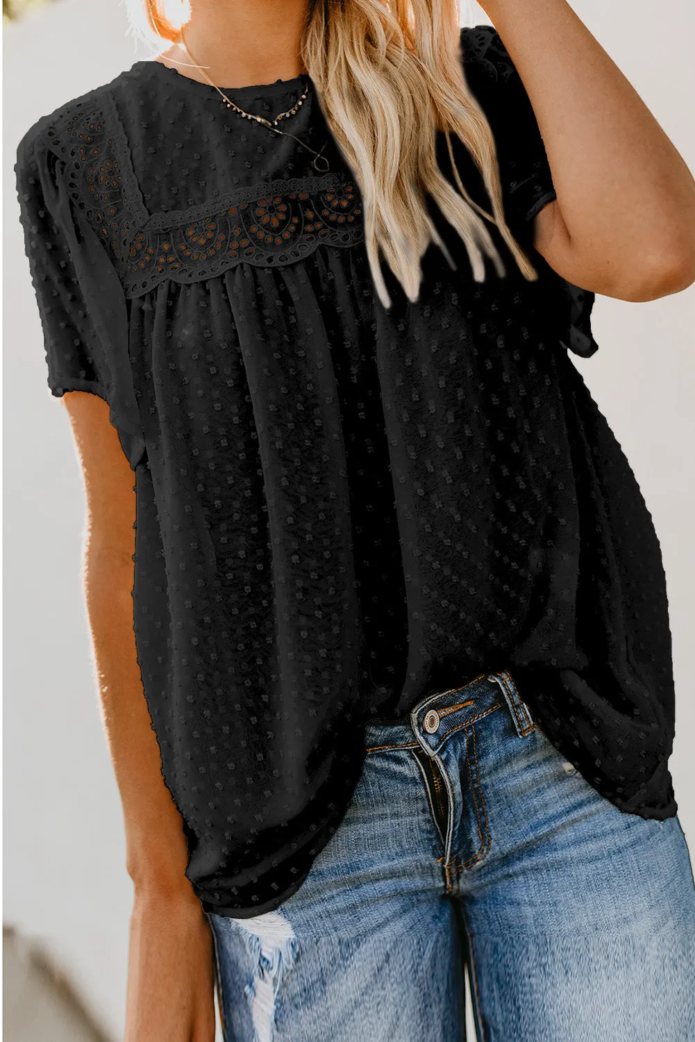 Black Hollow Out Flutter Sleeves Tees Top