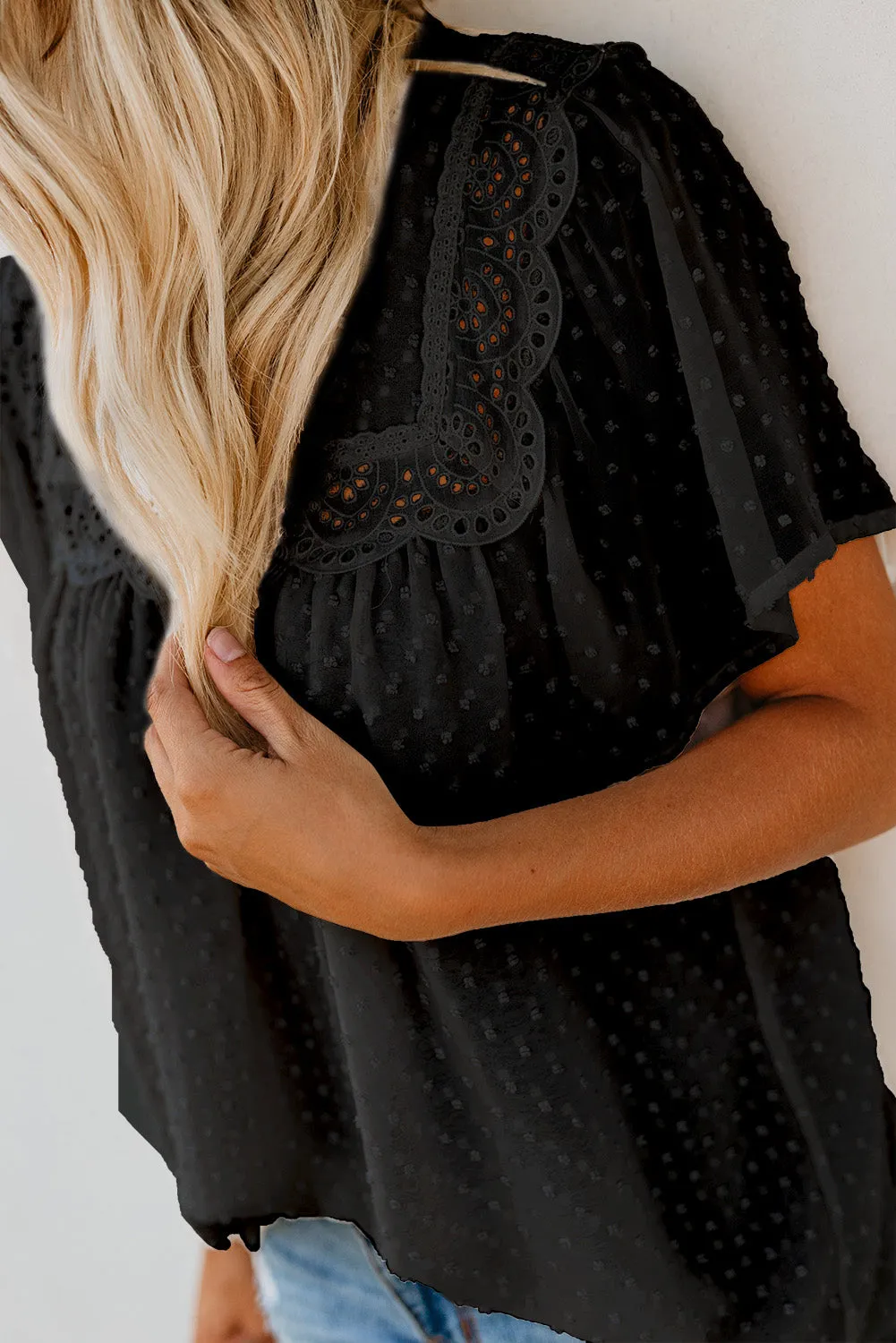 Black Hollow Out Flutter Sleeves Tees Top