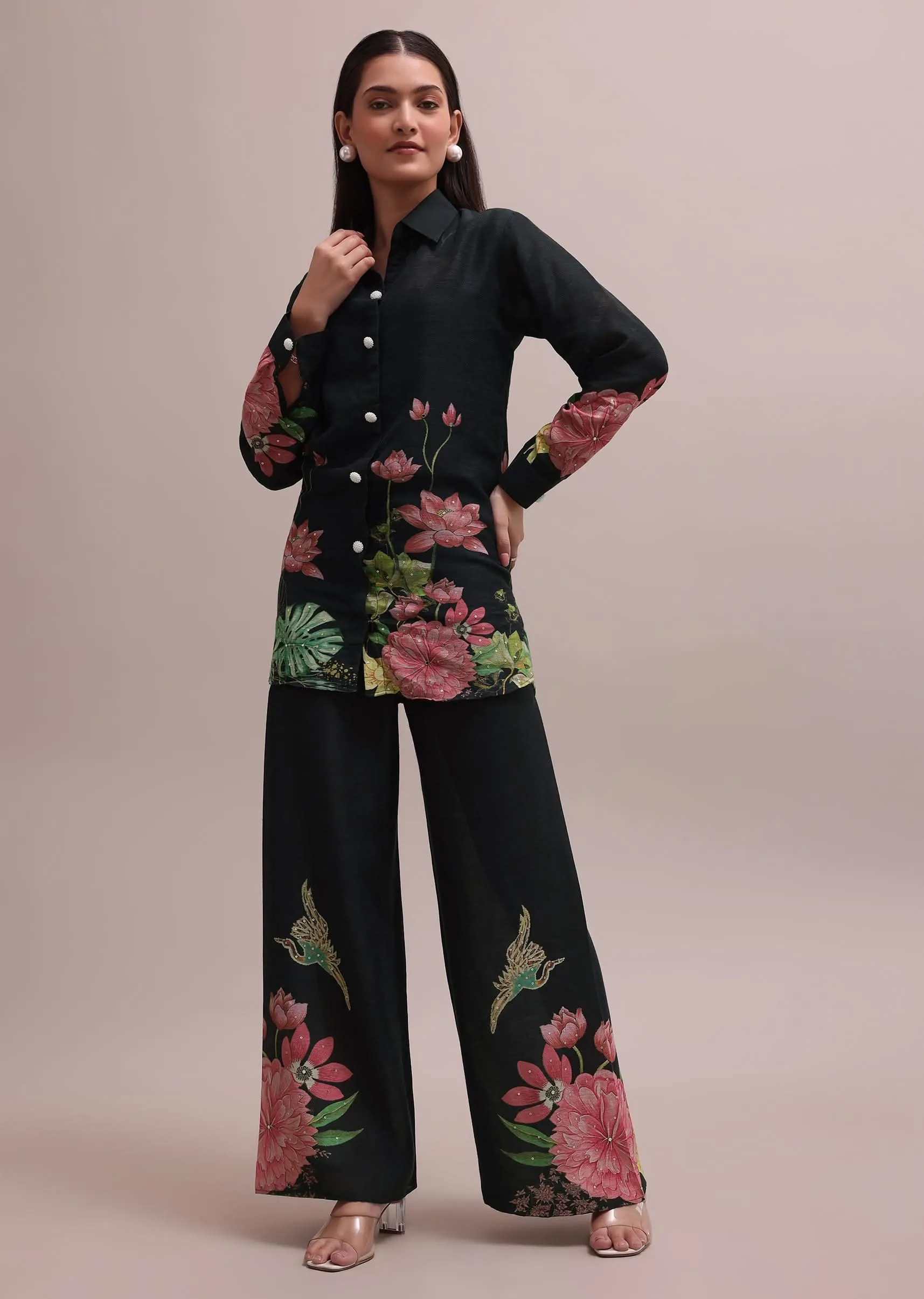 Black Sequin Worked Linen Summer Co-ord Set With Floral Prints