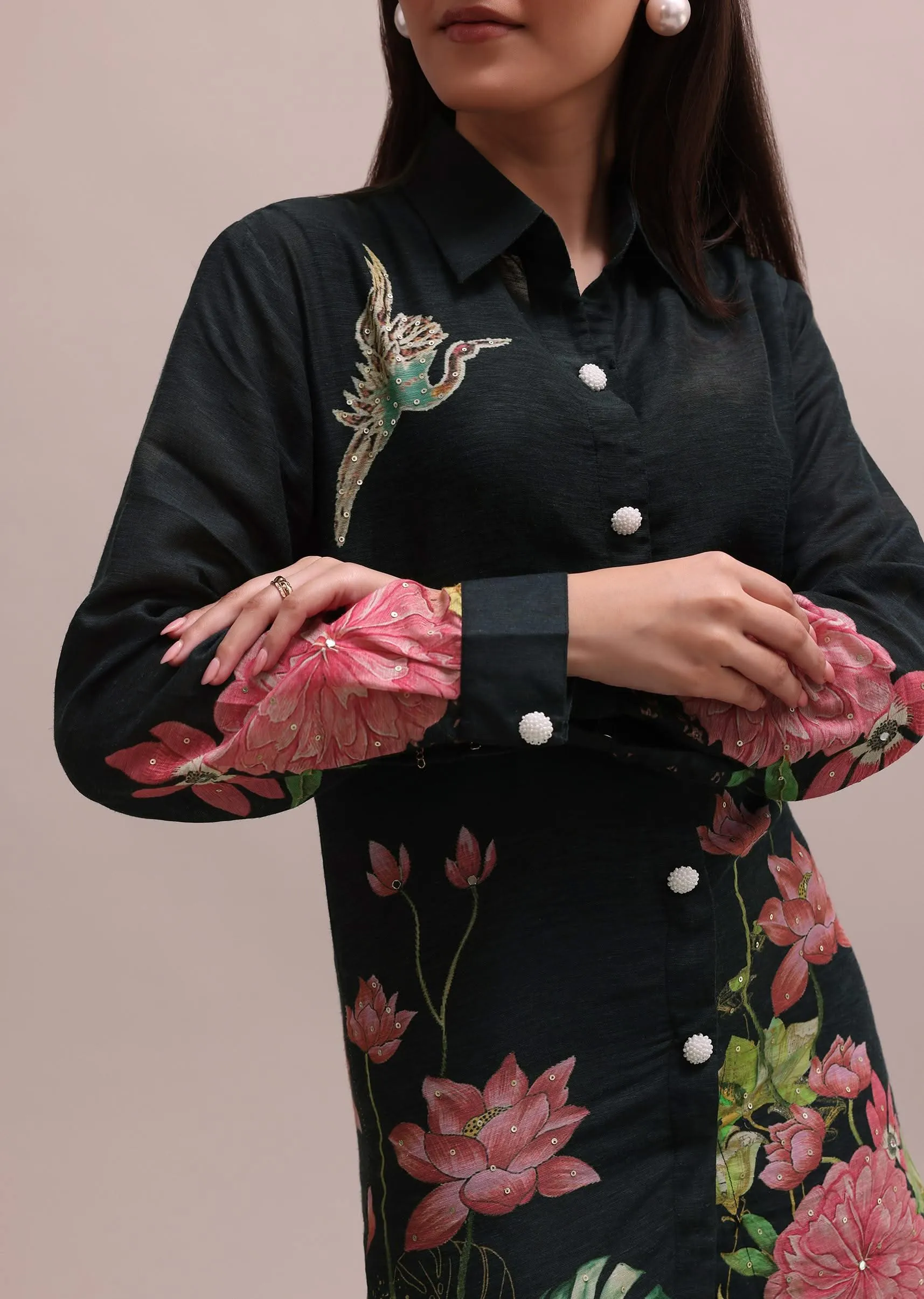 Black Sequin Worked Linen Summer Co-ord Set With Floral Prints