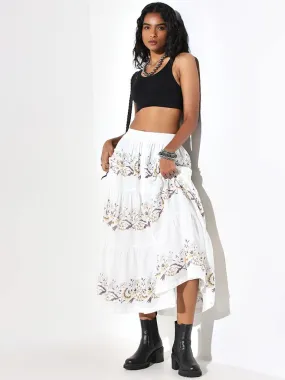 Bombay Paisley White A-Line Printed Cotton Tiered Skirt