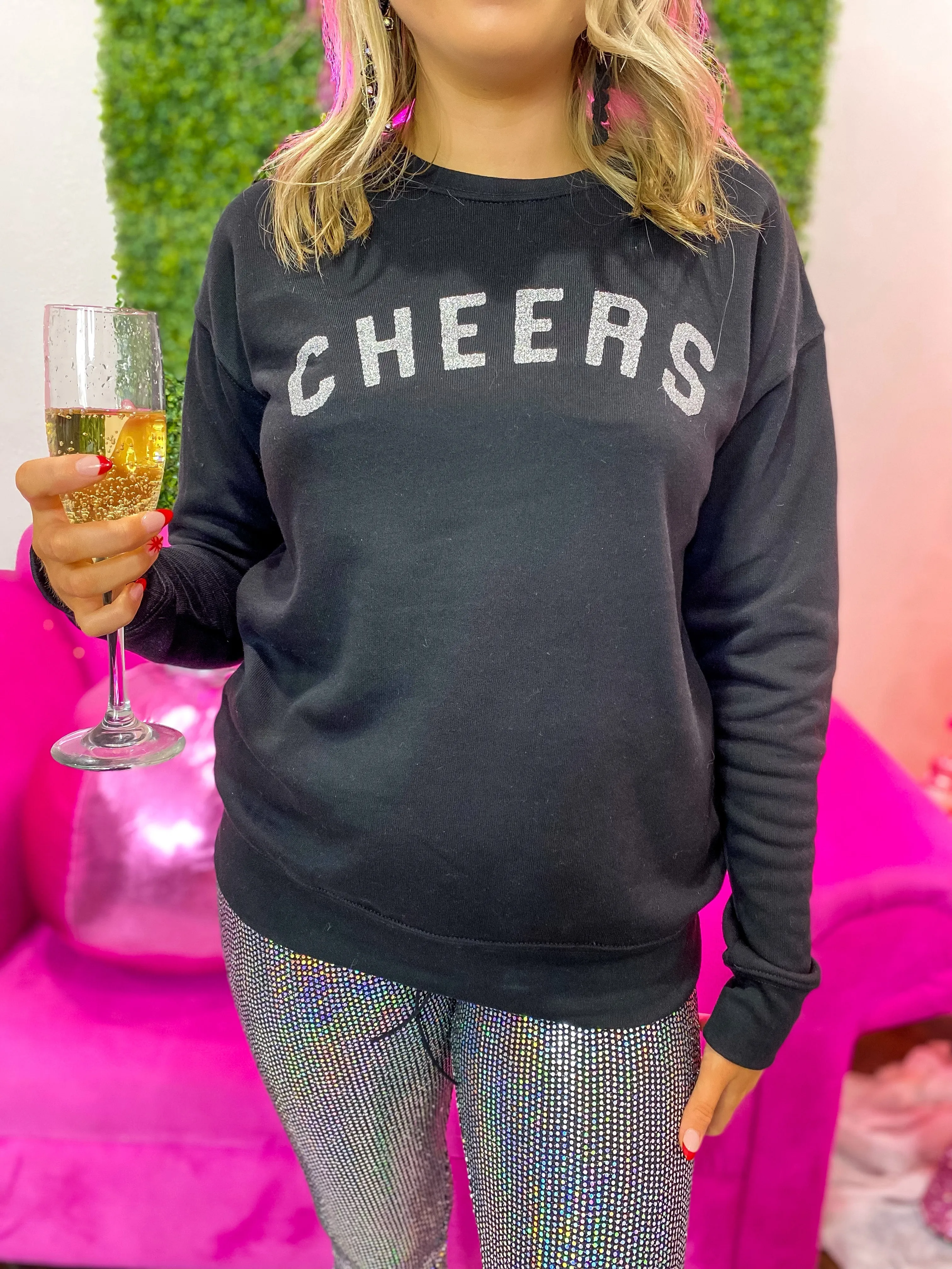 Cheers Silver Glitter Fleece Pullover - Black