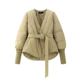 Cinched Sleeves Belted Down Jacket