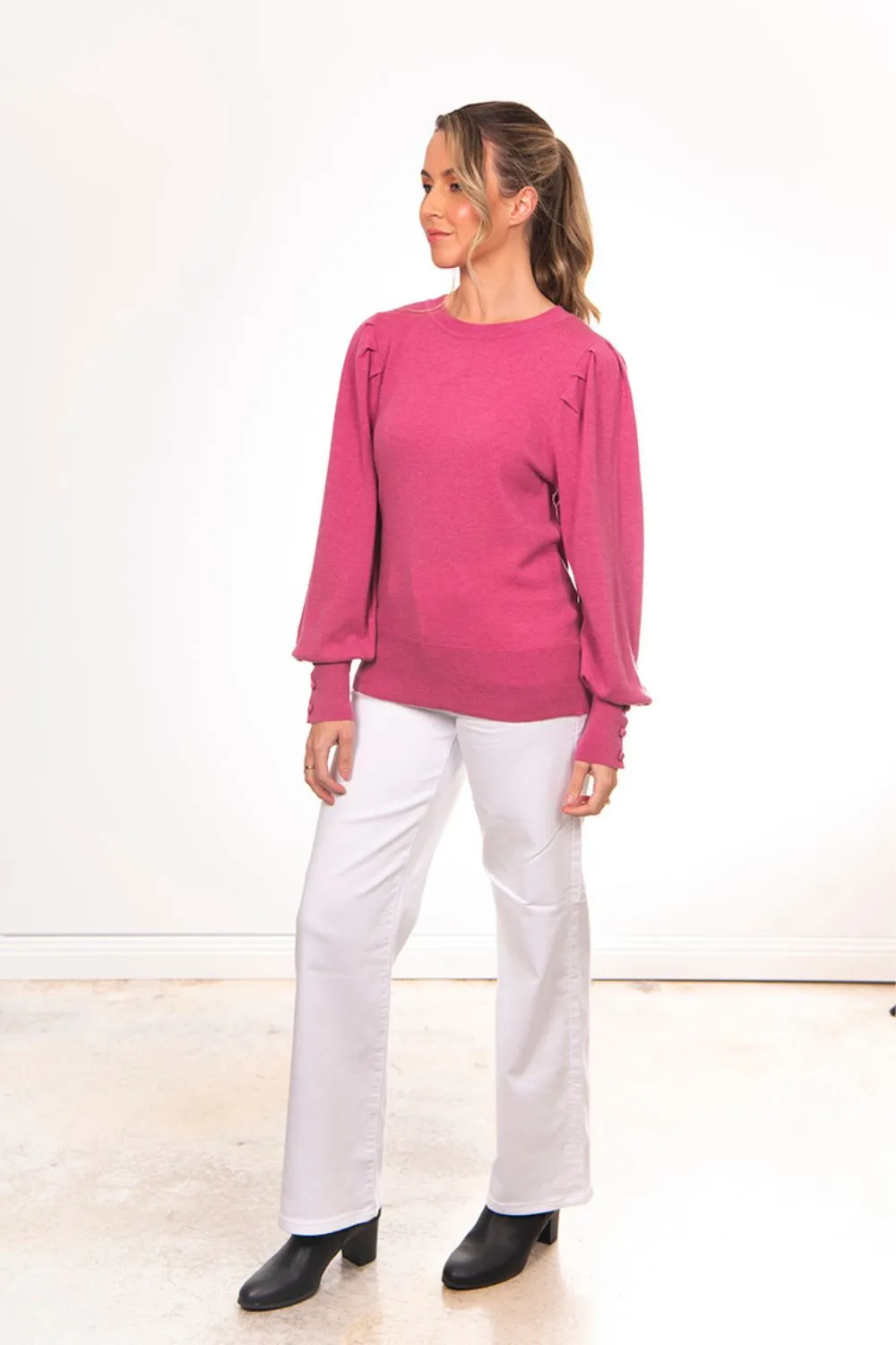 Crew Neck Pullover With Puff Sleeve | Pink Rose