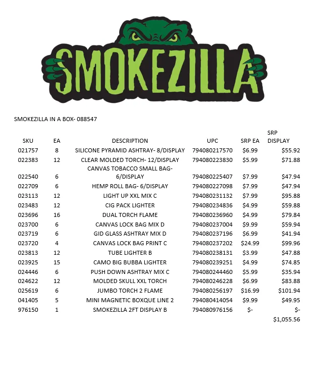 Curated Smokezilla Top Sellers Assorted Smoking Accessories Floor Display 088547