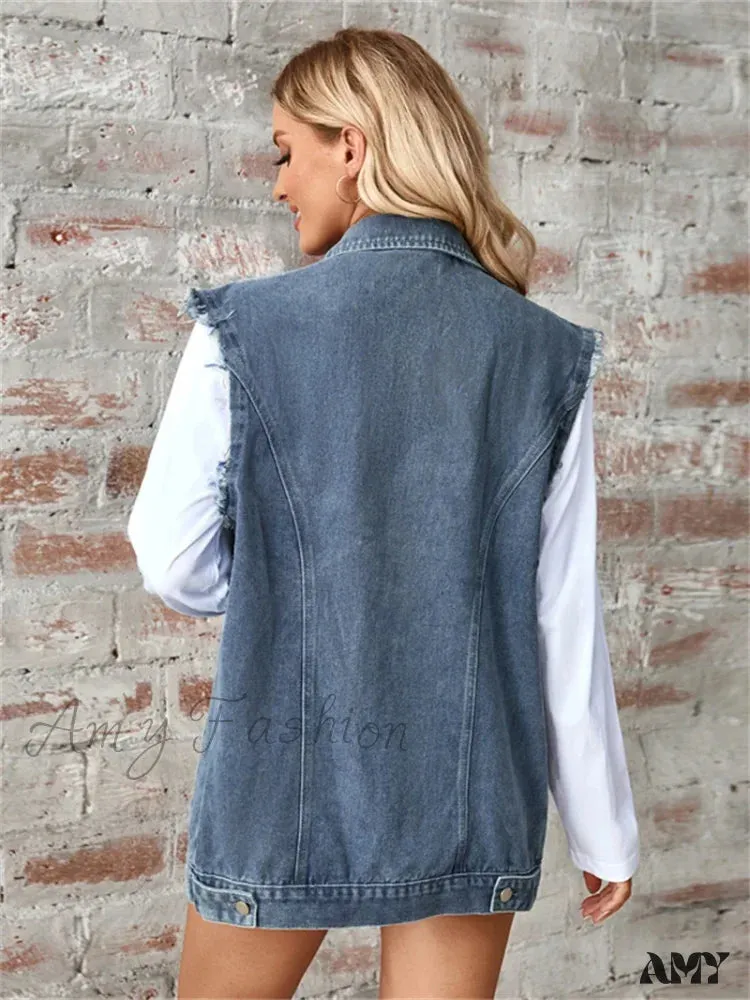 Denim Vest Autumn Washed Sleeveless Waistcoat Casual Baggy Jean Vest Jacket