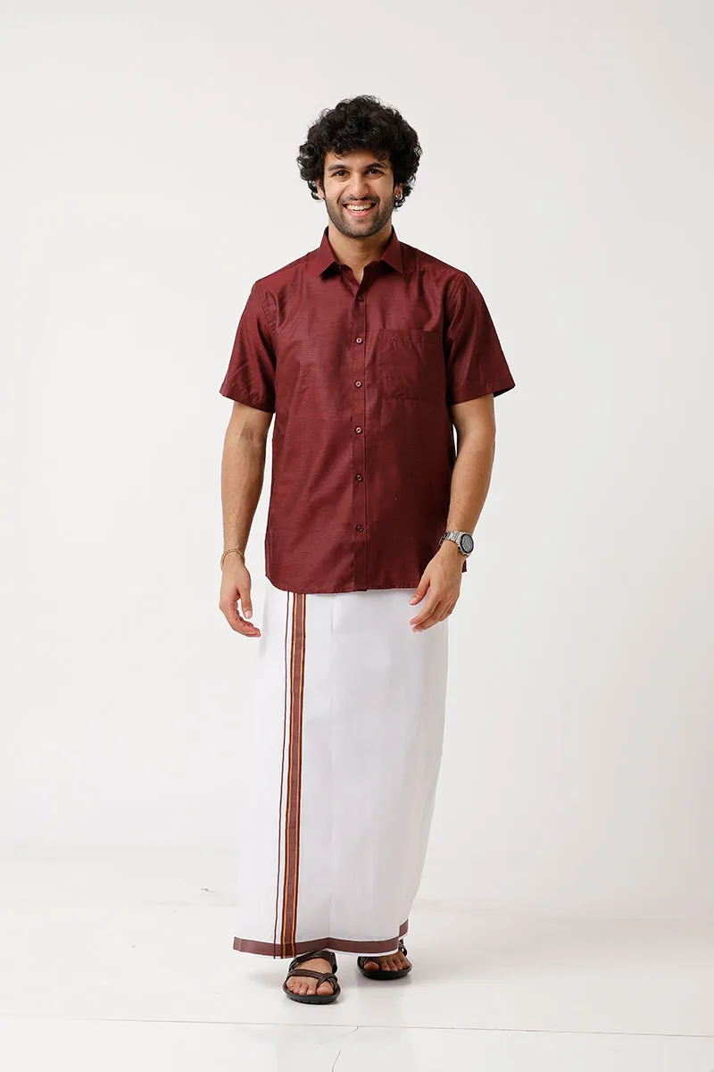 Divine - Blood Red Matching Shirt and Dhoti Set For Men | Uathayam
