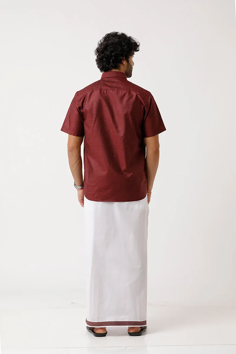 Divine - Blood Red Matching Shirt and Dhoti Set For Men | Uathayam