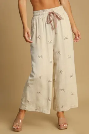 Embroidered Bow Wide-Leg Pants – Linen Cotton Drawstring Trousers