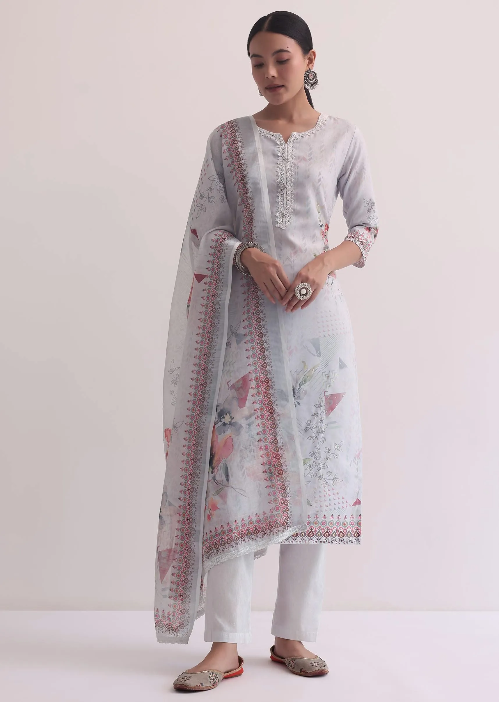 Grey Linen Floral Print Kurti Pant Set With Pearls