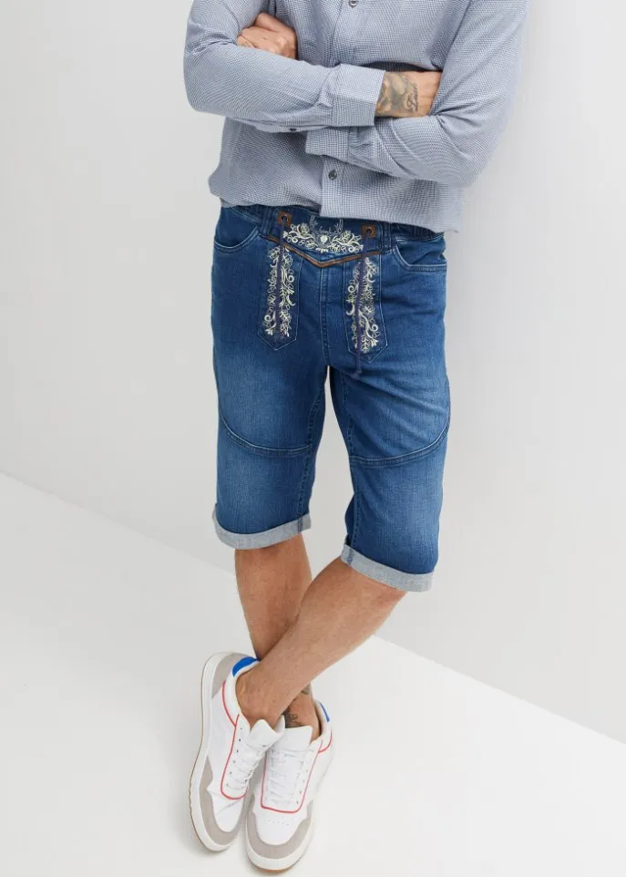 John Baner Jeanswear Regular Fit Stretch Denim Shorts with Embroidery, Blue