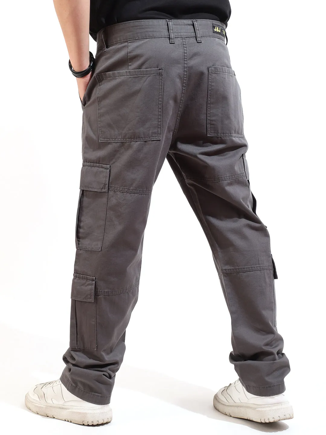 Medium Grey Peach Finish Cotton 8 Pocket Open Bottom Cargo