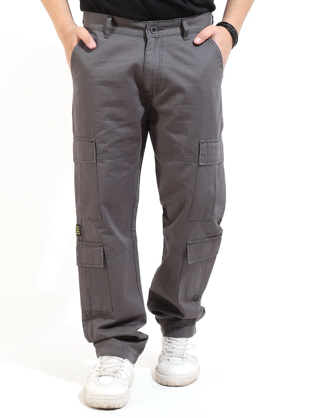 Medium Grey Peach Finish Cotton 8 Pocket Open Bottom Cargo