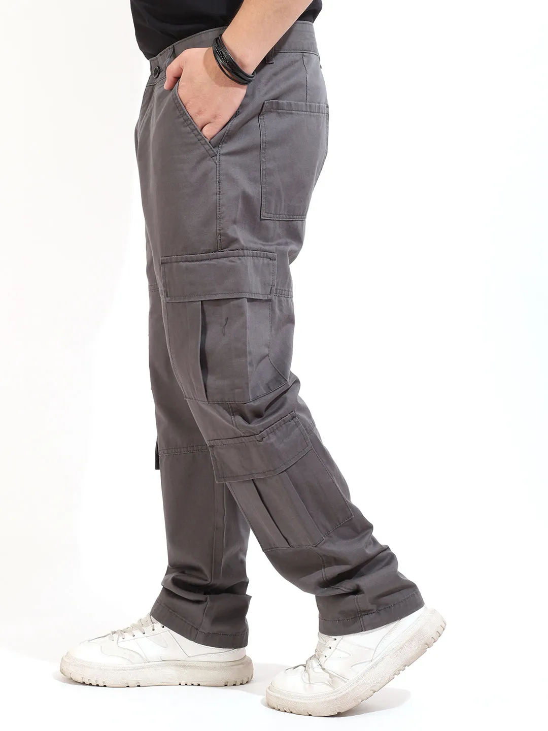 Medium Grey Peach Finish Cotton 8 Pocket Open Bottom Cargo