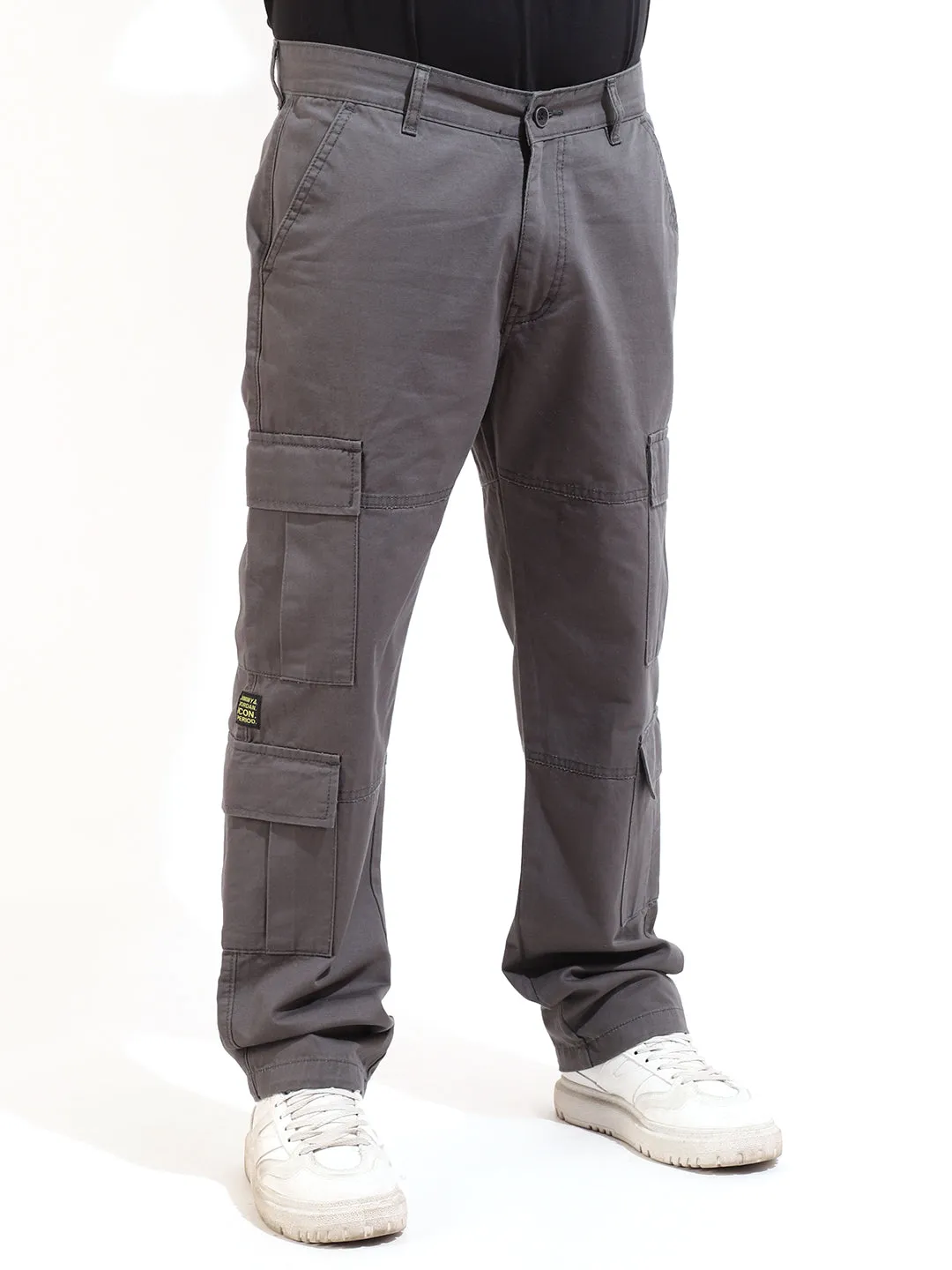 Medium Grey Peach Finish Cotton 8 Pocket Open Bottom Cargo