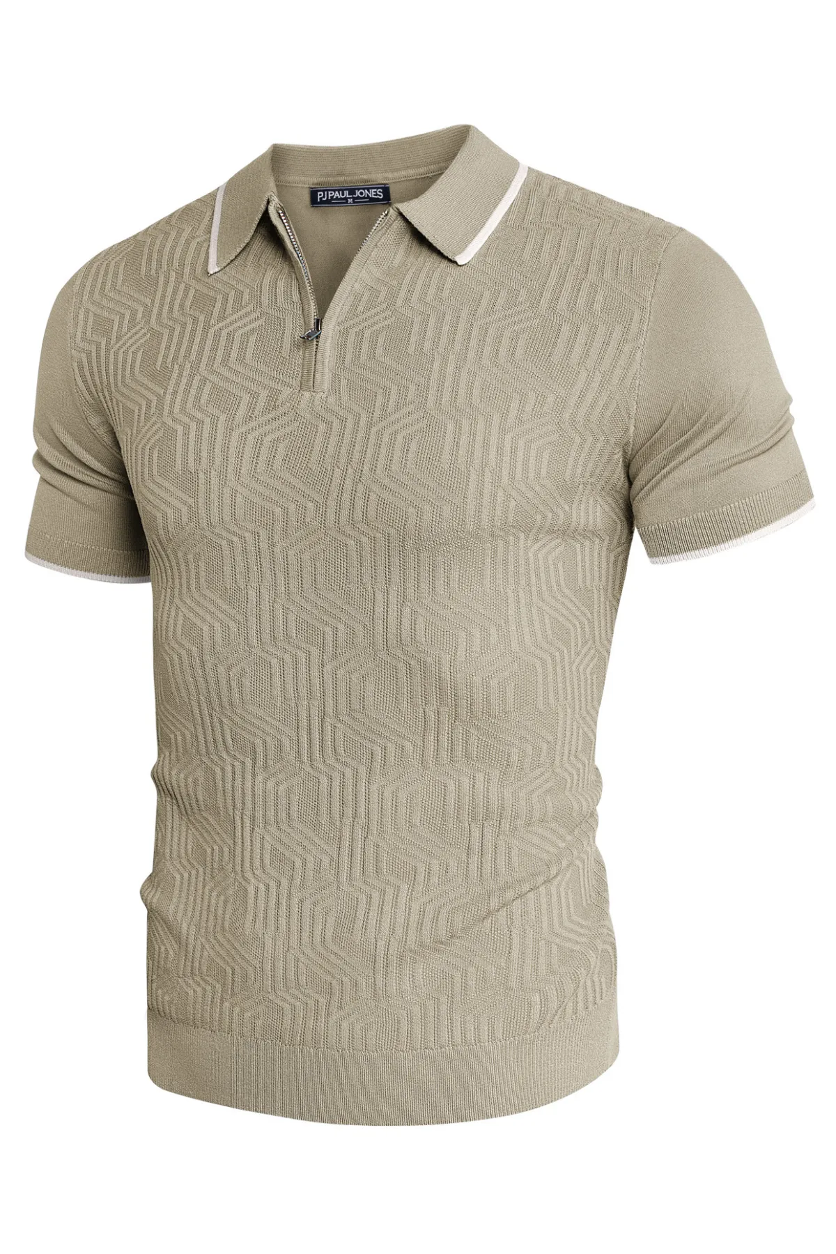 Men Textured Knitwear Short Sleeve Lapel Collar Zip-up Neck Knitted Tops