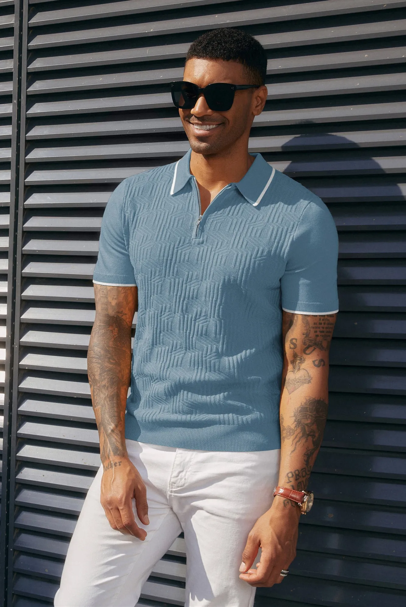 Men Textured Knitwear Short Sleeve Lapel Collar Zip-up Neck Knitted Tops