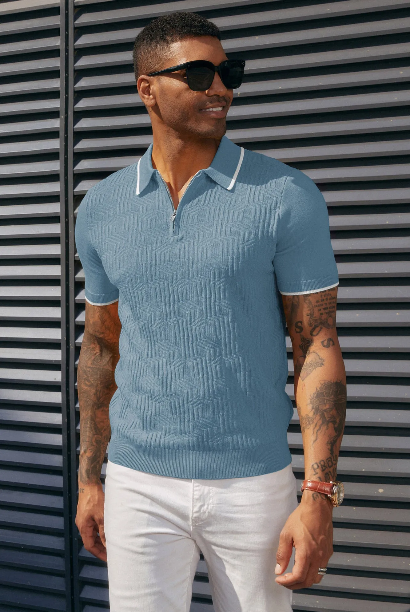 Men Textured Knitwear Short Sleeve Lapel Collar Zip-up Neck Knitted Tops