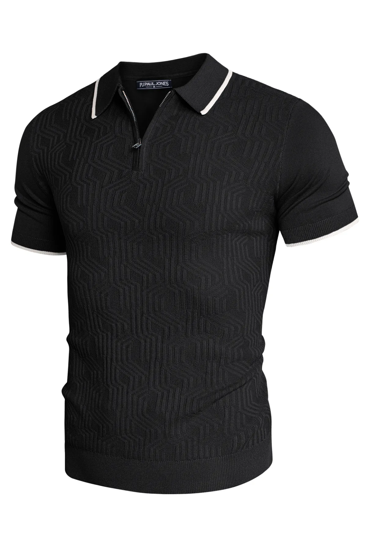 Men Textured Knitwear Short Sleeve Lapel Collar Zip-up Neck Knitted Tops