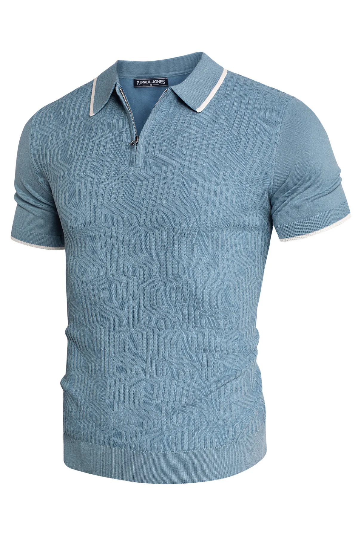 Men Textured Knitwear Short Sleeve Lapel Collar Zip-up Neck Knitted Tops