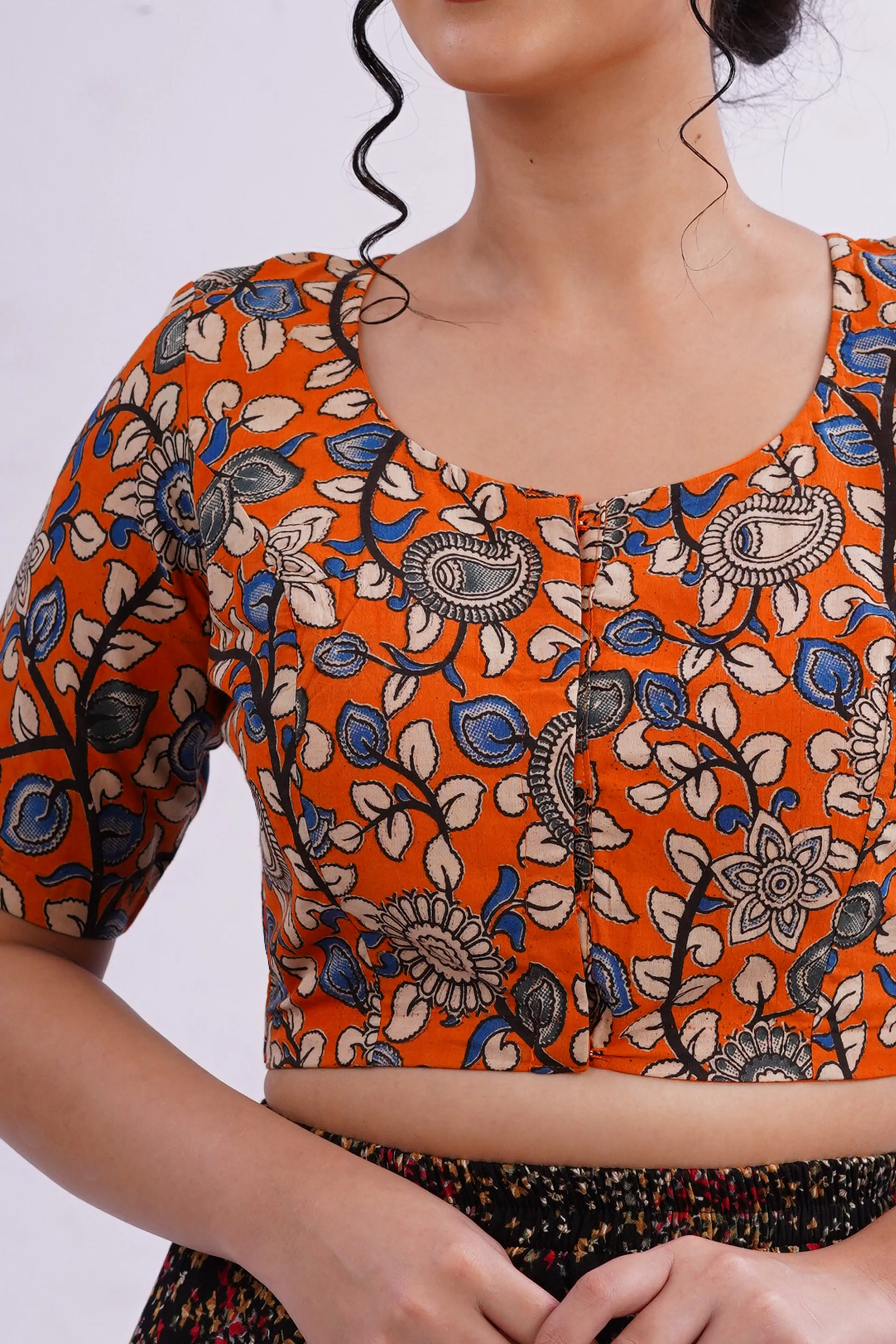 Naidu Hall Round Neck Elbow Sleeve Women's Handloom Cotton Saree Printed1 Front Open Blouse - Orange